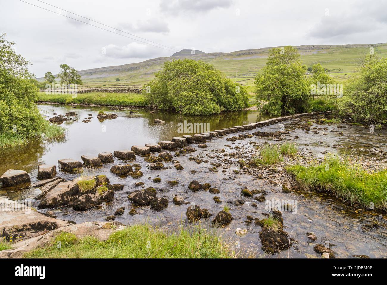 Des pierres sur la rivière Doe, vues au-dessus des chutes Beezley, sur le sentier des chutes d'eau d'Ingelton, dans le North Yorkshire. Banque D'Images