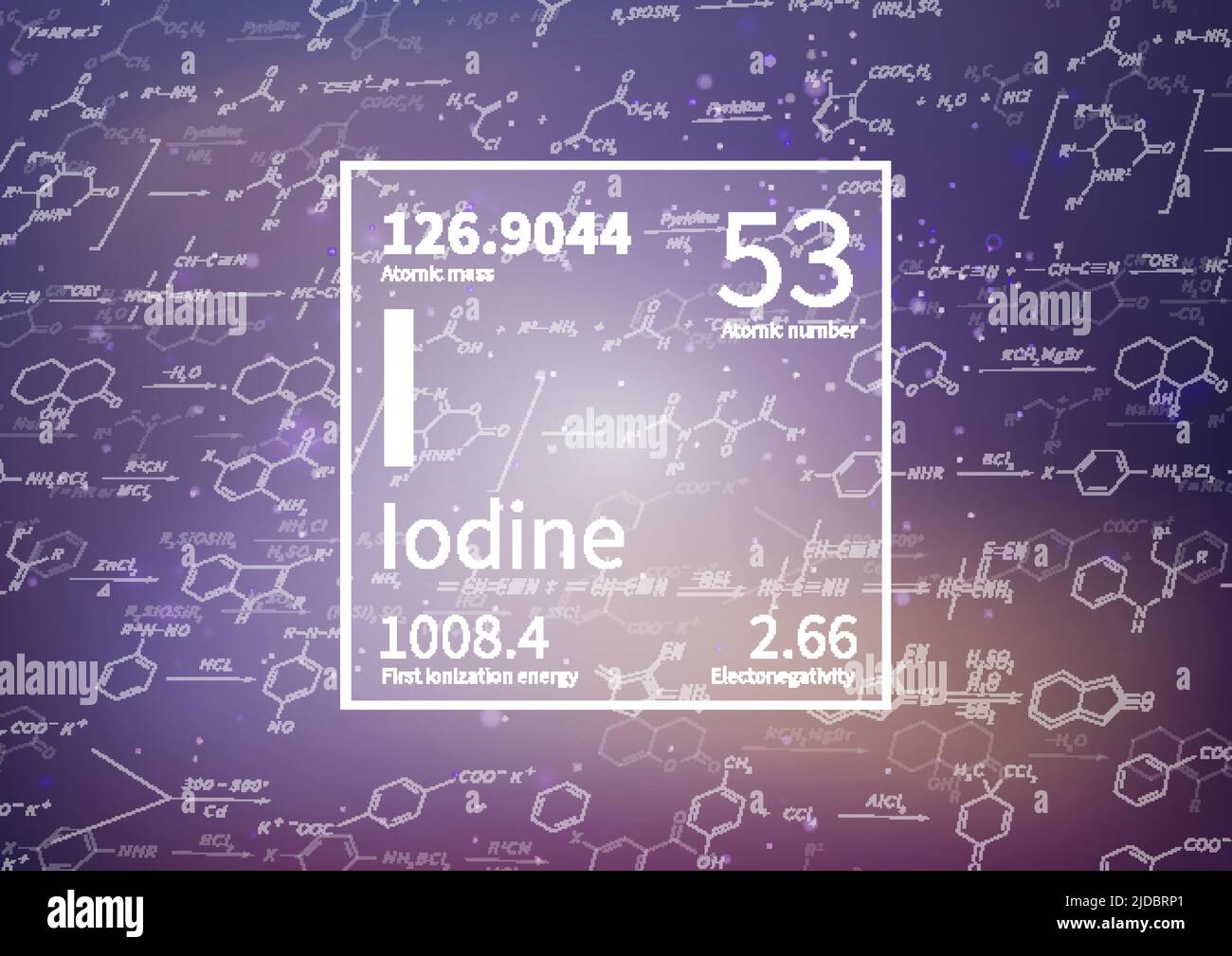 Élément chimique d'iode avec première énergie d'ionisation, masse atomique et valeurs d'électronégativité sur un fond scientifique Illustration de Vecteur