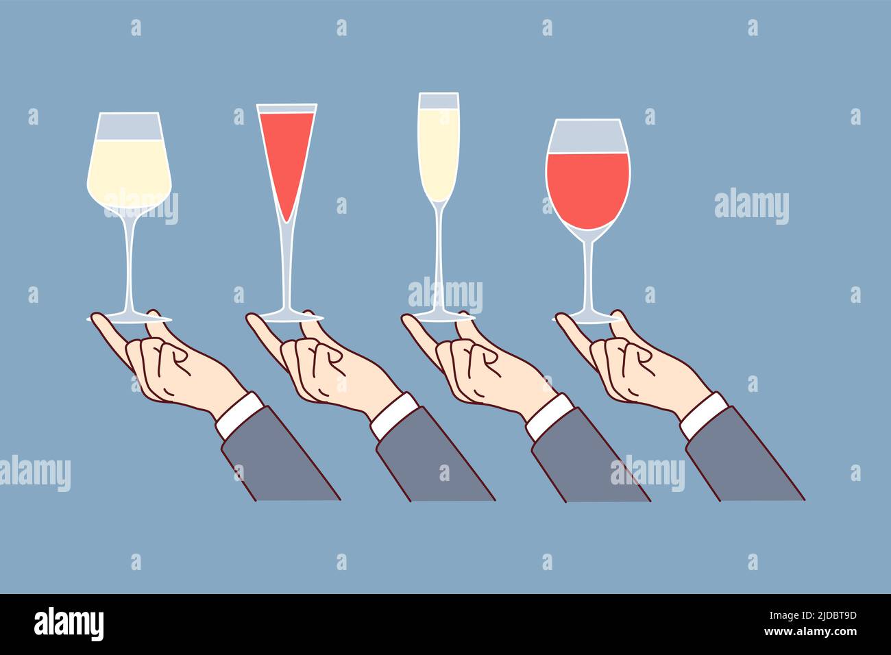 Mains tenant divers verres avec des boissons alcoolisées. Un sommelier goûtant de l'alcool. Fête ou célébration. Boissons au bar. Illustration vectorielle plate. Illustration de Vecteur