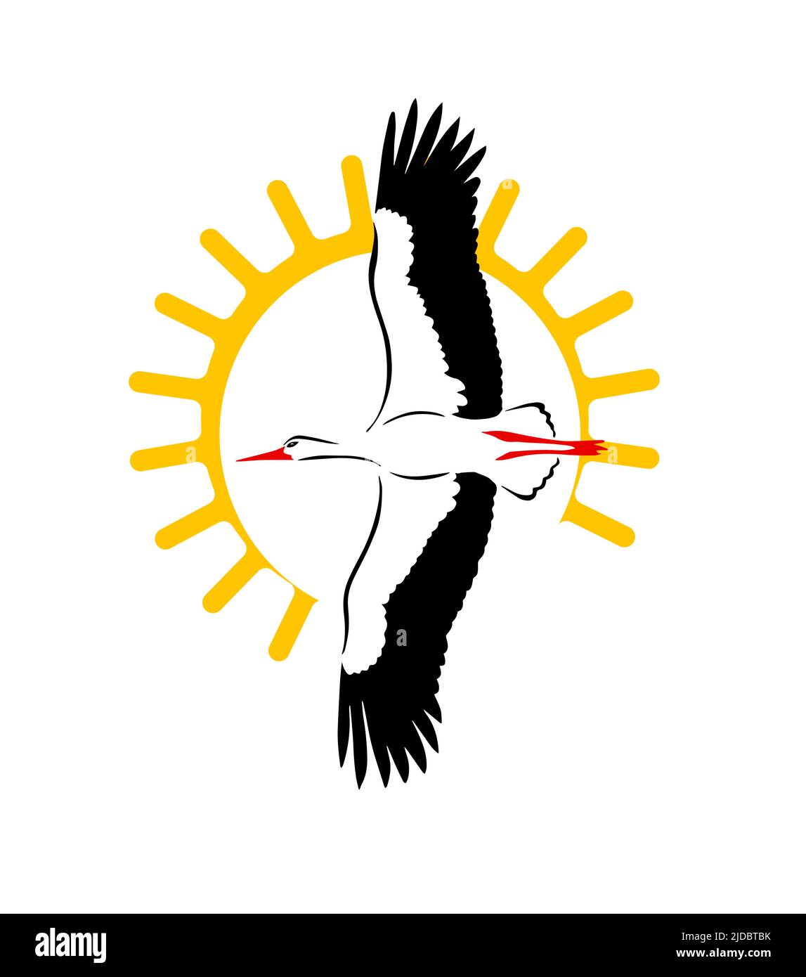 Tempête et soleil volant. Illustration vectorielle. Logo de silhouette de Stork volant. Illustration de Vecteur