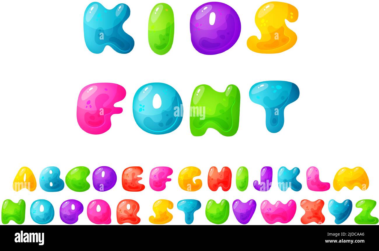 Lettres colorées en gelée, alphabet comique pour les enfants. Police jelly Bright. Type d'enfant pour les événements, les promotions. Illustration de Vecteur