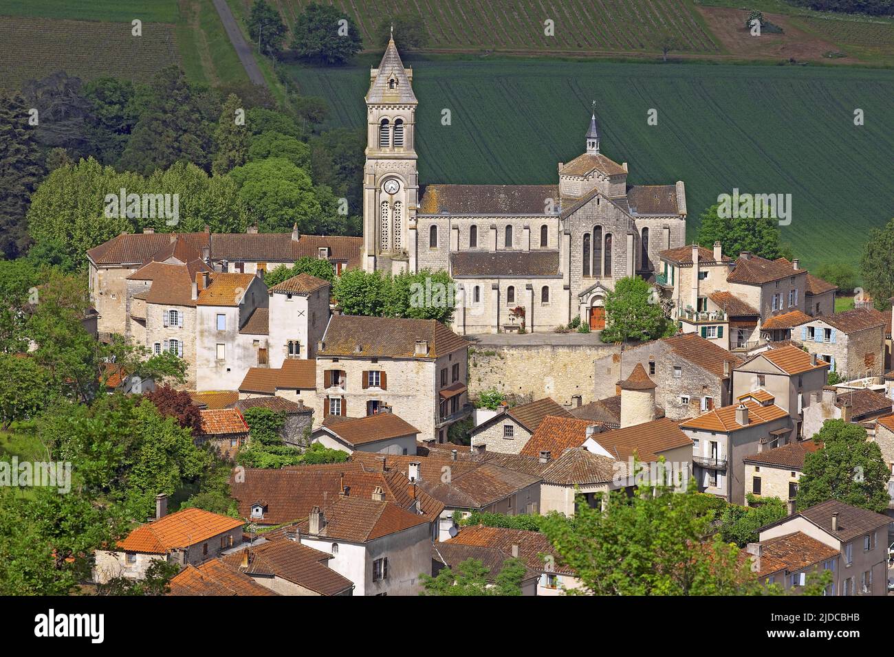 France, Lot, Albas village perché, Lot Valley, (photo aérienne), Banque D'Images