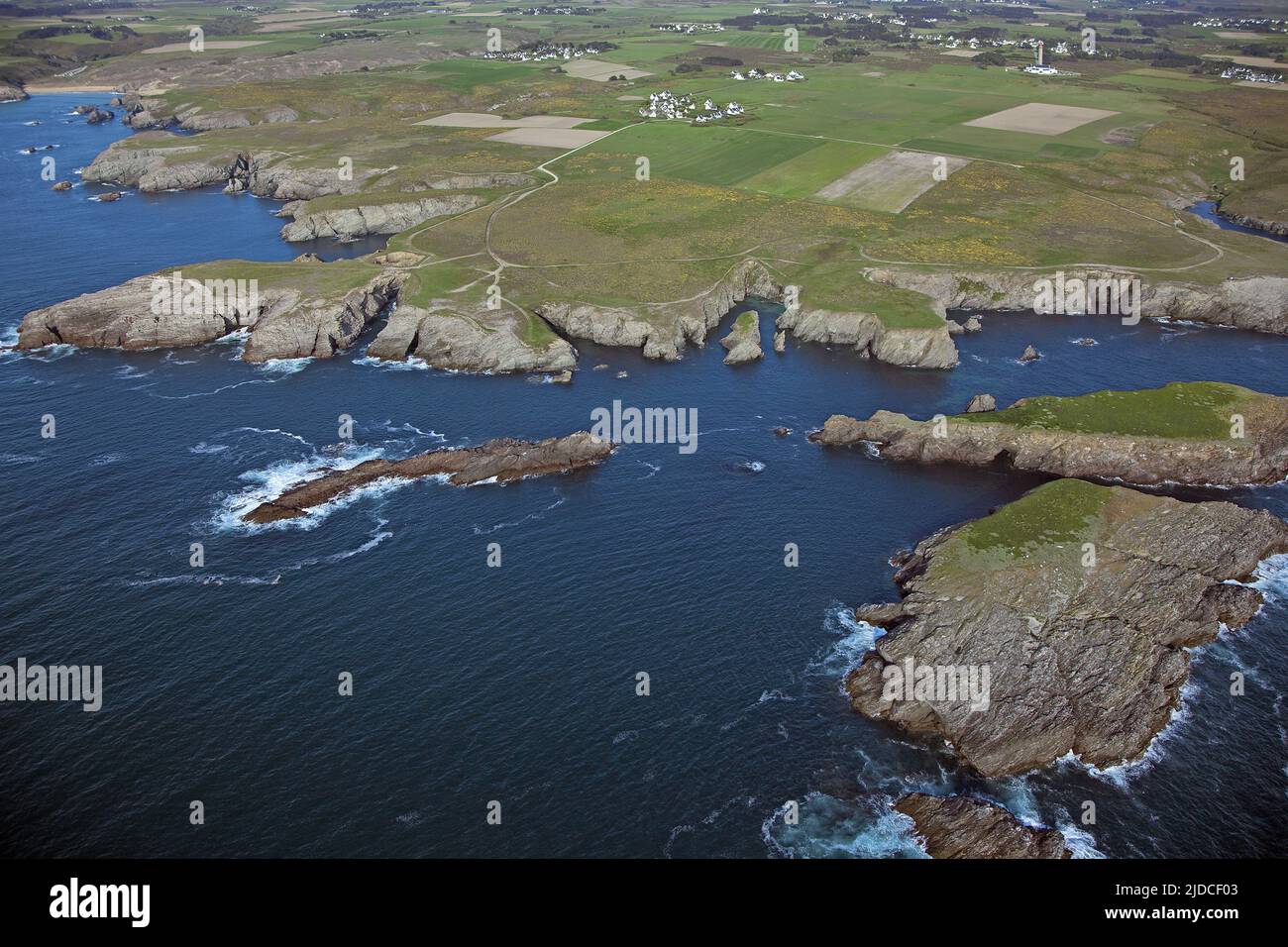 France, Morbihan Belle-Île-en-Mer, la côte sauvage, Goulphar, aiguille de coton (vue aérienne) Banque D'Images