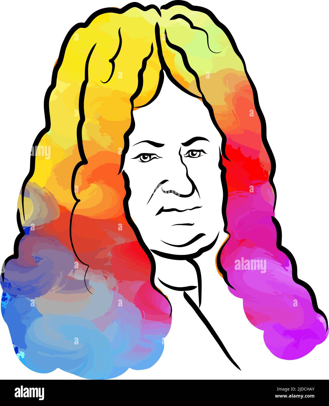 Gottfried Wilhelm Leibniz dessin vectoriel de cheveux coloré. Esquisse de contour dessinée à la main. Dessin pour une utilisation sur tout projet marketing et pour la revente en tant qu'impression. Illustration de Vecteur