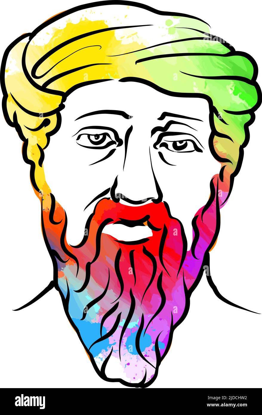 Pythagoras de Samos dessin de vecteur de cheveux coloré. Esquisse de contour dessinée à la main. Dessin pour une utilisation sur tout projet marketing et pour la revente en tant qu'impression. Illustration de Vecteur
