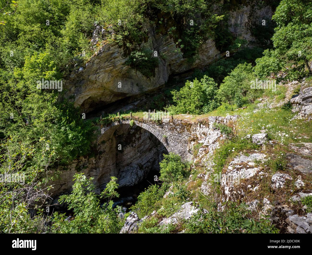 Le pont Palioyefiro, datant de 9th ans, situé à l'entrée étroite de la gorge de Vikakis, est le plus ancien pont de la région de Zagori en Grèce Banque D'Images