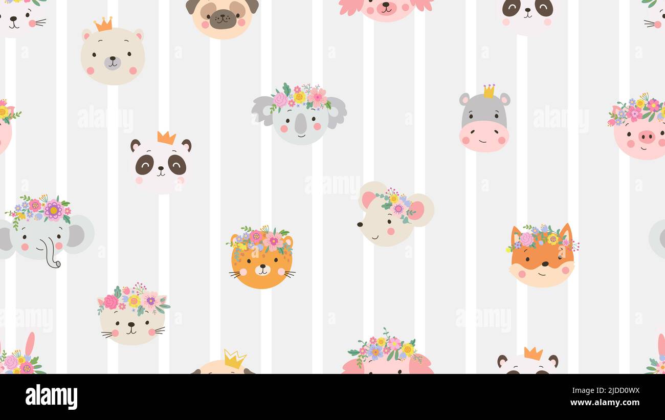 Animaux puériles de style scandinave. Adorables avatars de dessin animé pour animaux, papier peint imprimé pour la chambre des enfants. Animal sauvage avec motif vectoriel de couronne sans couture Illustration de Vecteur