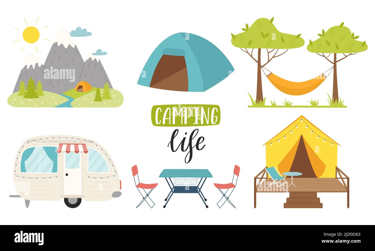 Paysage de montagne avec tente, remorque de camping, hamac, tente, meubles. Lettrage à la main - Camping Life. Randonnée pédestre, glamping, voyage, loisirs sur nat Illustration de Vecteur