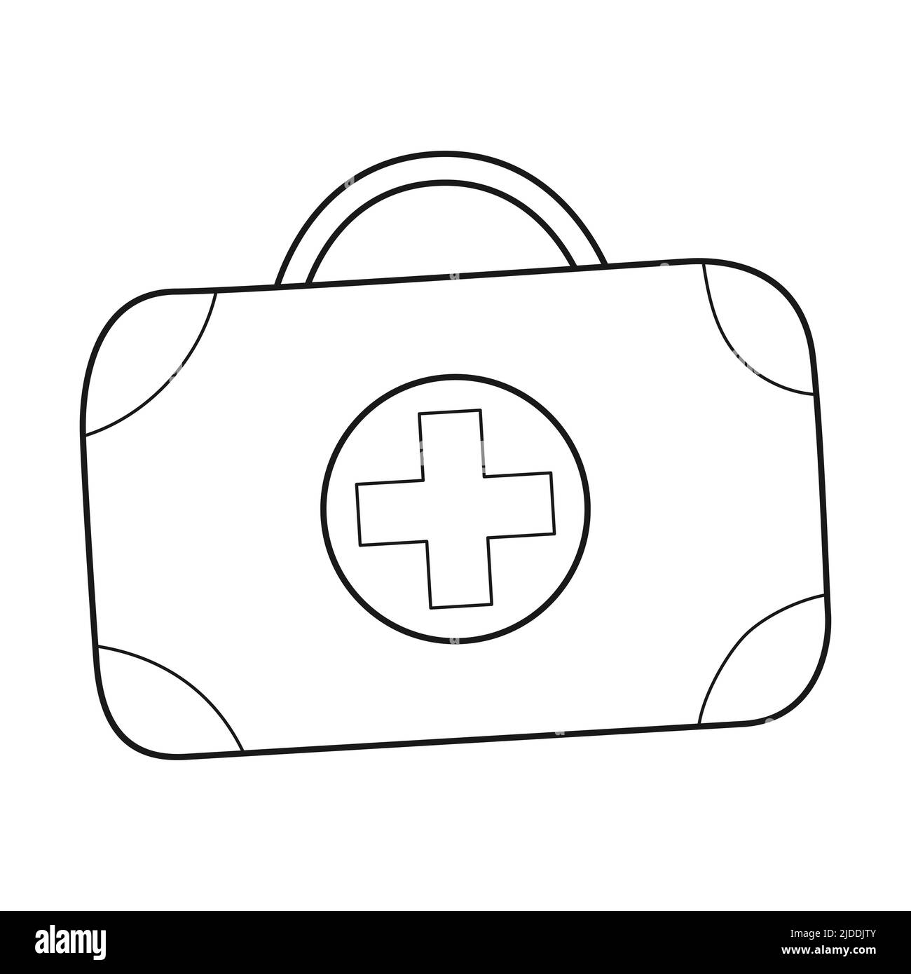 Kit médical Doodle Tourist. Une valise portable avec des médicaments pour les voitures, le camping, la randonnée, à la maison. Isoler l'illustration vectorielle noire et blanche Illustration de Vecteur