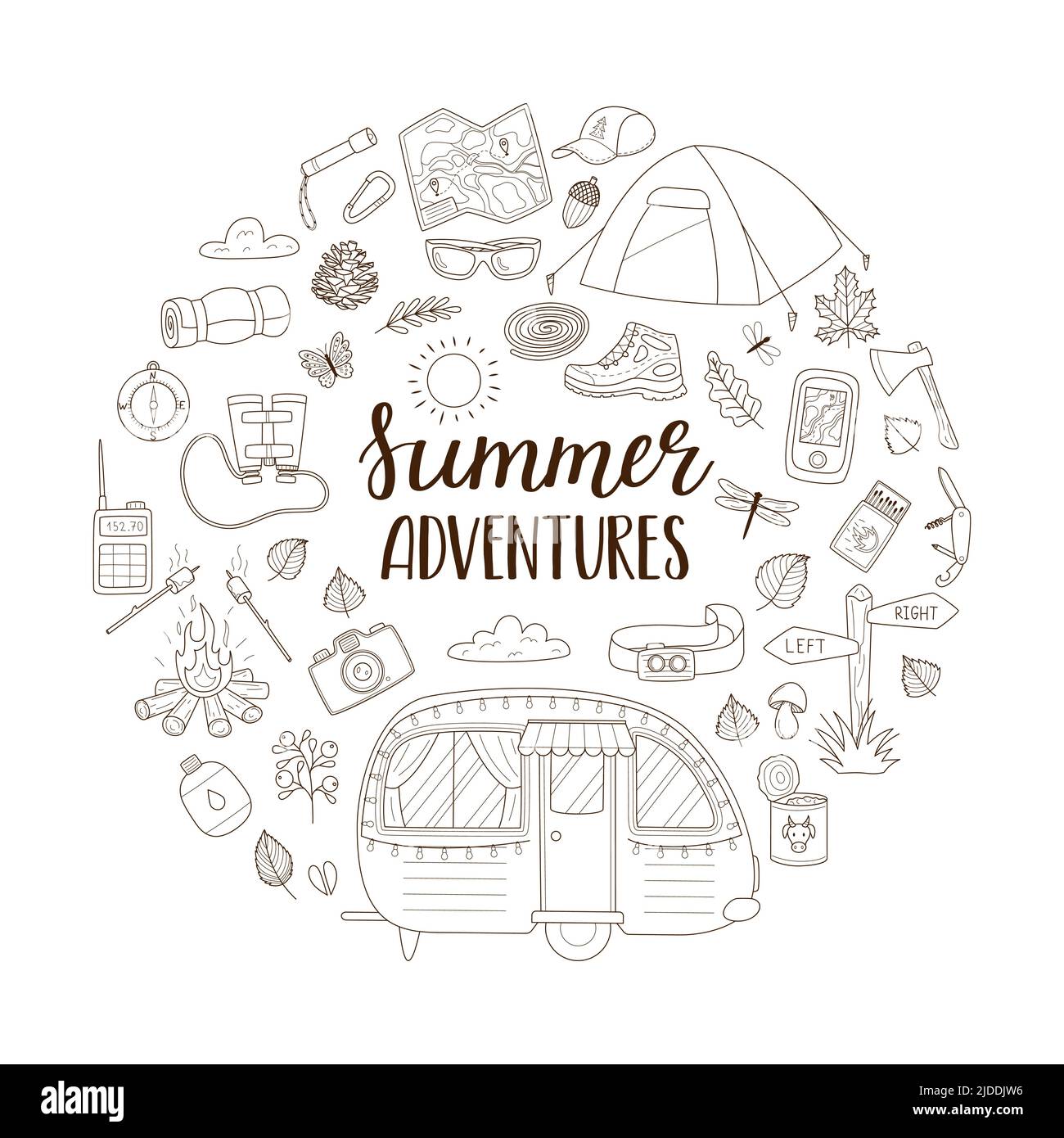 Un ensemble d'éléments de caniche pour le camping, le voyage, le pique-nique, le tourisme. Inventaire touristique. Composition ronde comme un imprimé sur des vêtements, cartes postales, web. Contour vec Illustration de Vecteur