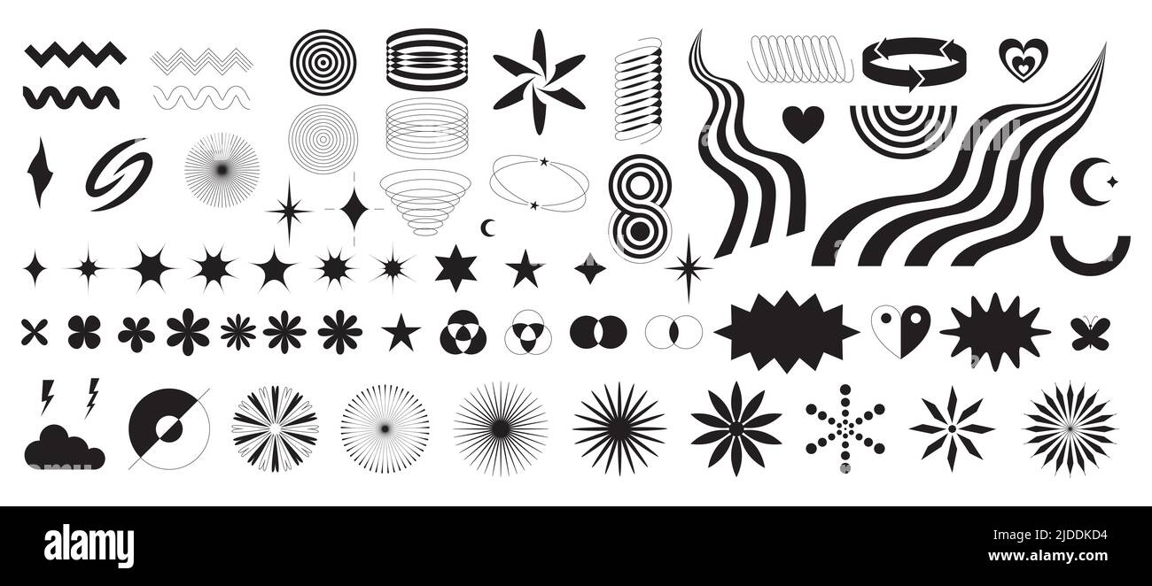 Un ensemble d'éléments décoratifs géométriques abstraits dans le style Y2K. Formes rétro minimalistes tendance, étoiles, bling, paillettes, silhouettes, formes de brutalisme, w Illustration de Vecteur