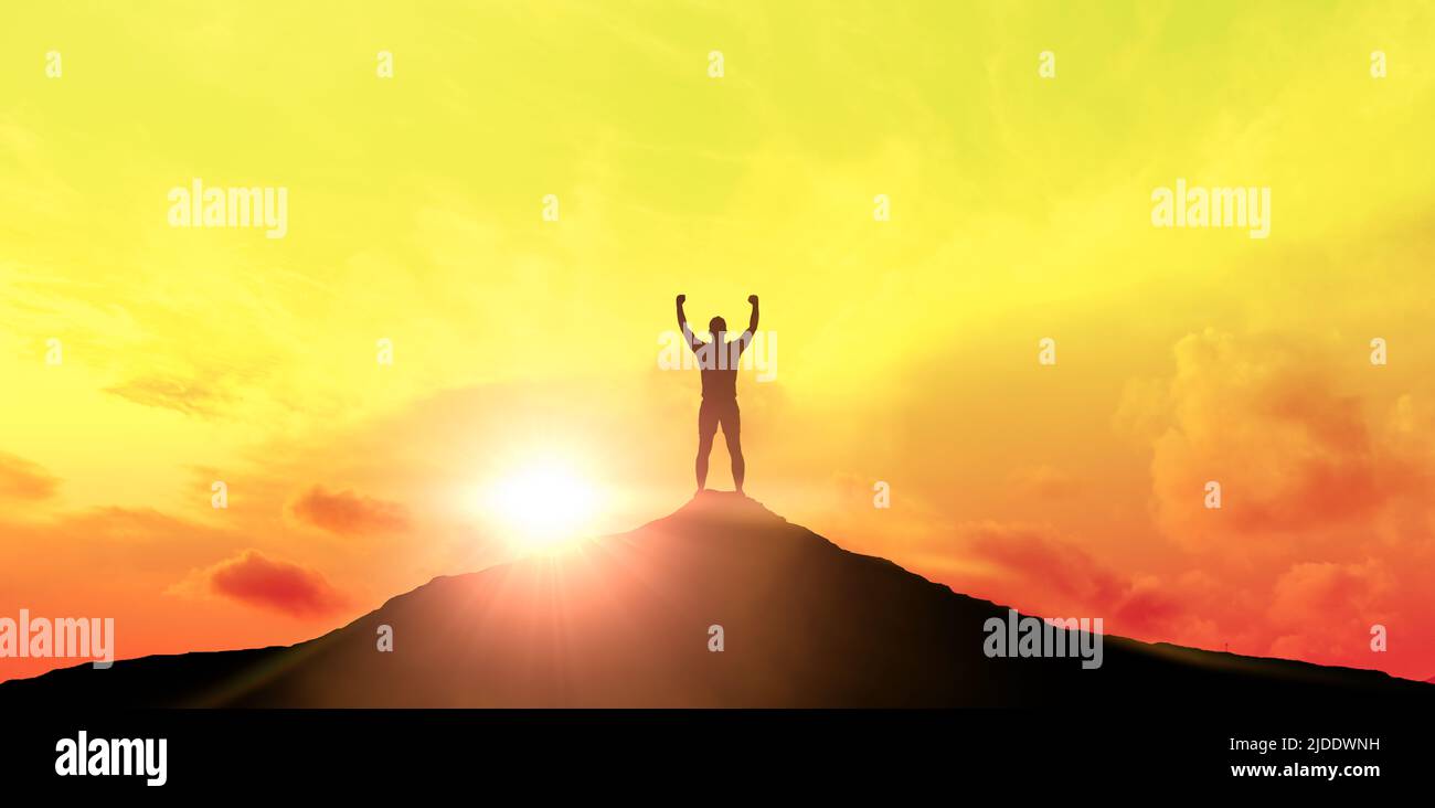 Silhouette d'homme d'affaires au sommet de la montagne au coucher du soleil ou à l'aube. Concept de but et de réalisation objective. Succès, être réalisation et concept de but Banque D'Images