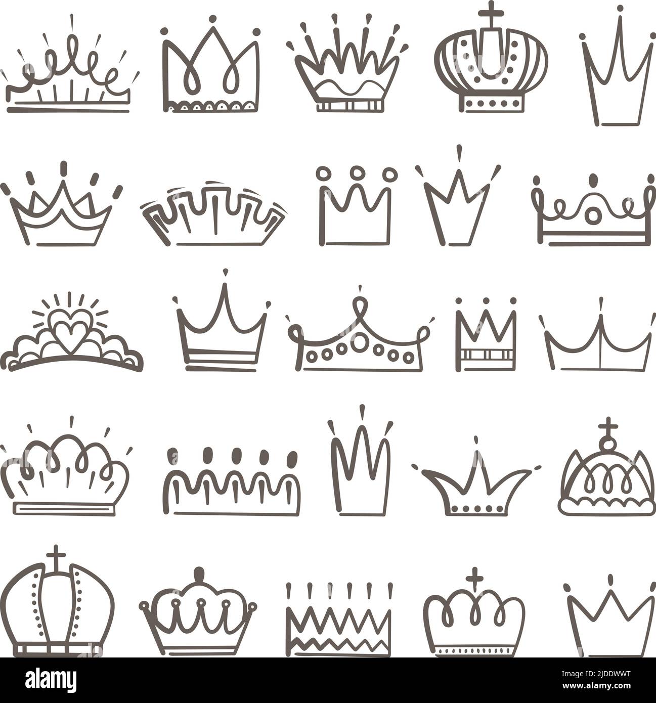 Symboles Royal Doodle. Sketch de couronnes, couronne diadema tiara pour roi, reine prince ou princesse. Logo commercial de luxe isolé, vecteur néotérique de bébé Illustration de Vecteur