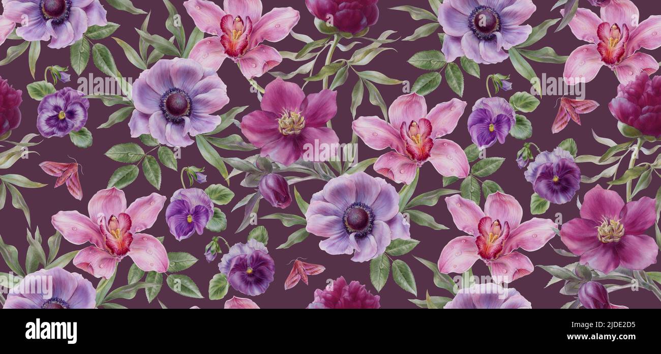Motif floral représentant une orchidée, un anémone, un hellébore, des pansies. Illustrations aquarelles Banque D'Images