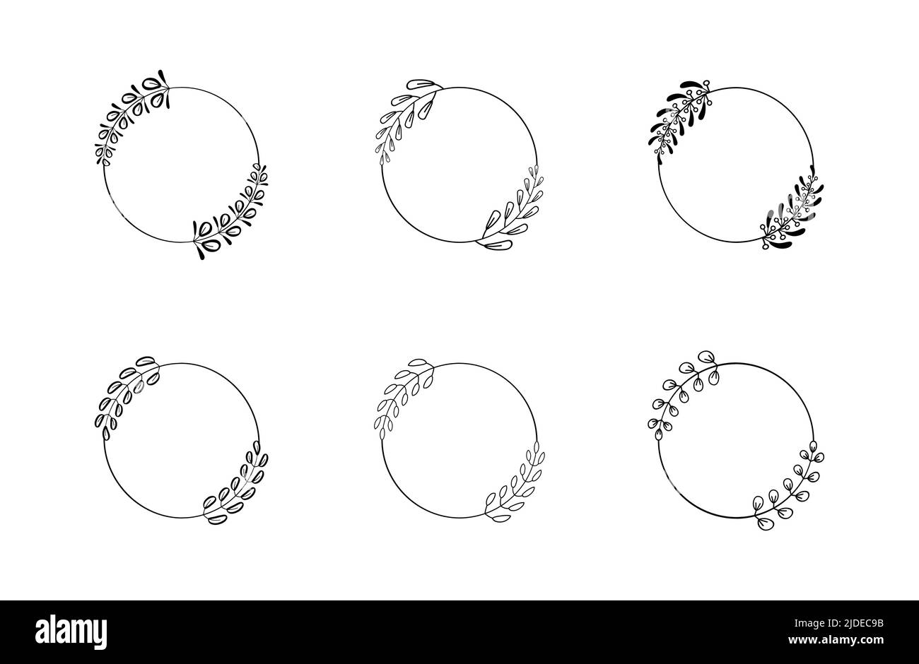 Jeu de vecteur de bordure ronde de lauriers. Ensemble de feuilles de Laurier circulaire linéaire différentes. Couronnes de blé et d'olive pour la victoire, triomphe. Illustration de Vecteur