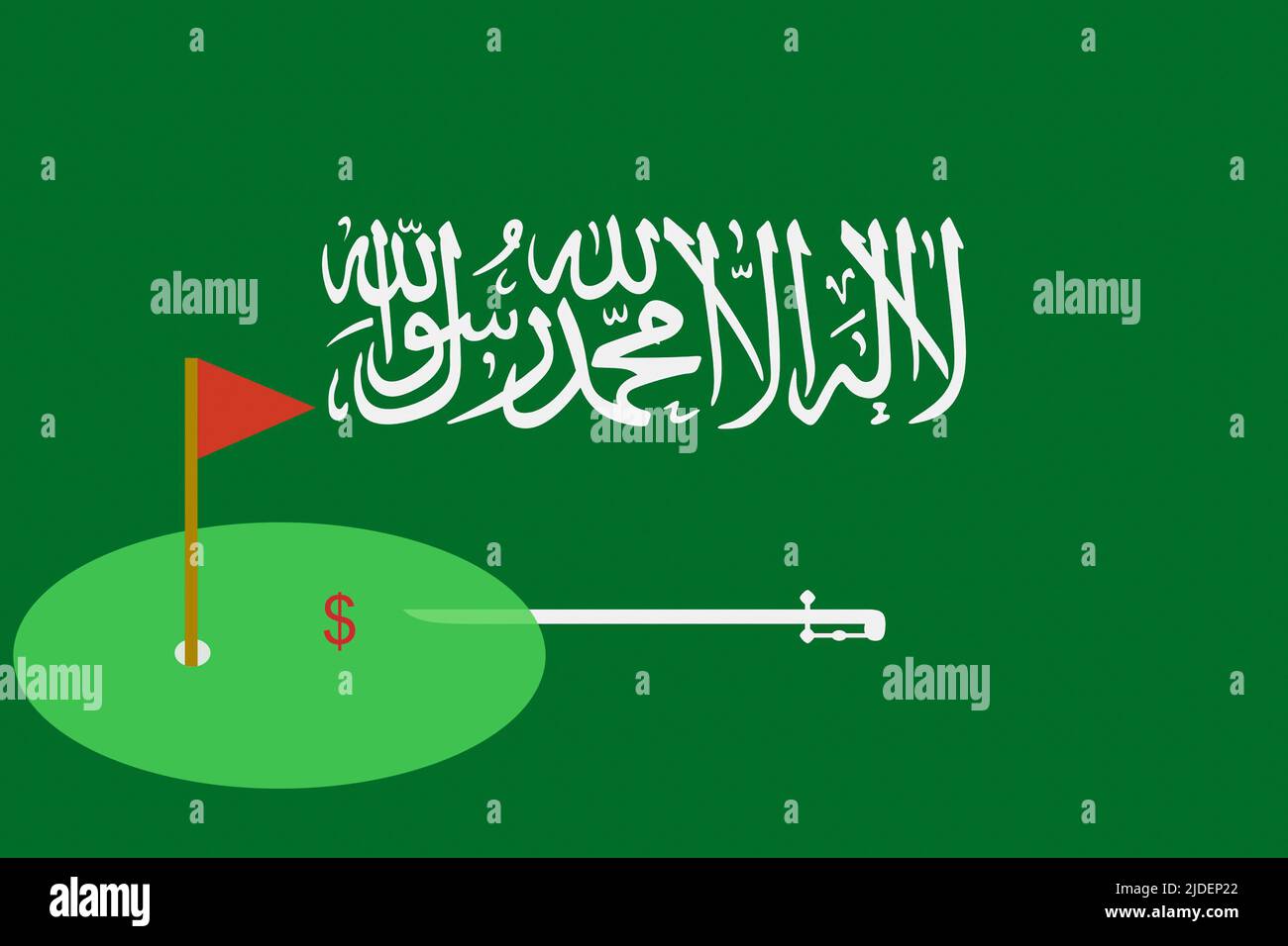 Drapeau de l'Arabie Saoudite avec vert de golf et symbole dollar. LIV, PGA merger concept. Banque D'Images