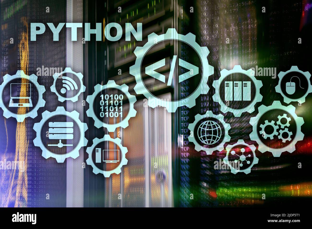 Langage de programmation Python sur arrière-plan de la salle serveur. Flux de travail programmation algorithme abstrait concept sur un écran virtuel. Banque D'Images