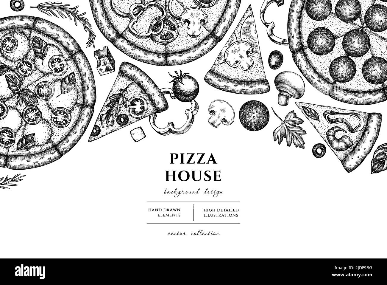 Illustration représentant une pizza dessinée à la main. Arrière-plan avec esquisse grecque, margherita, pepperoni, veggie, jambon et champignons et pizzas de fruits de mer. Illustration de Vecteur