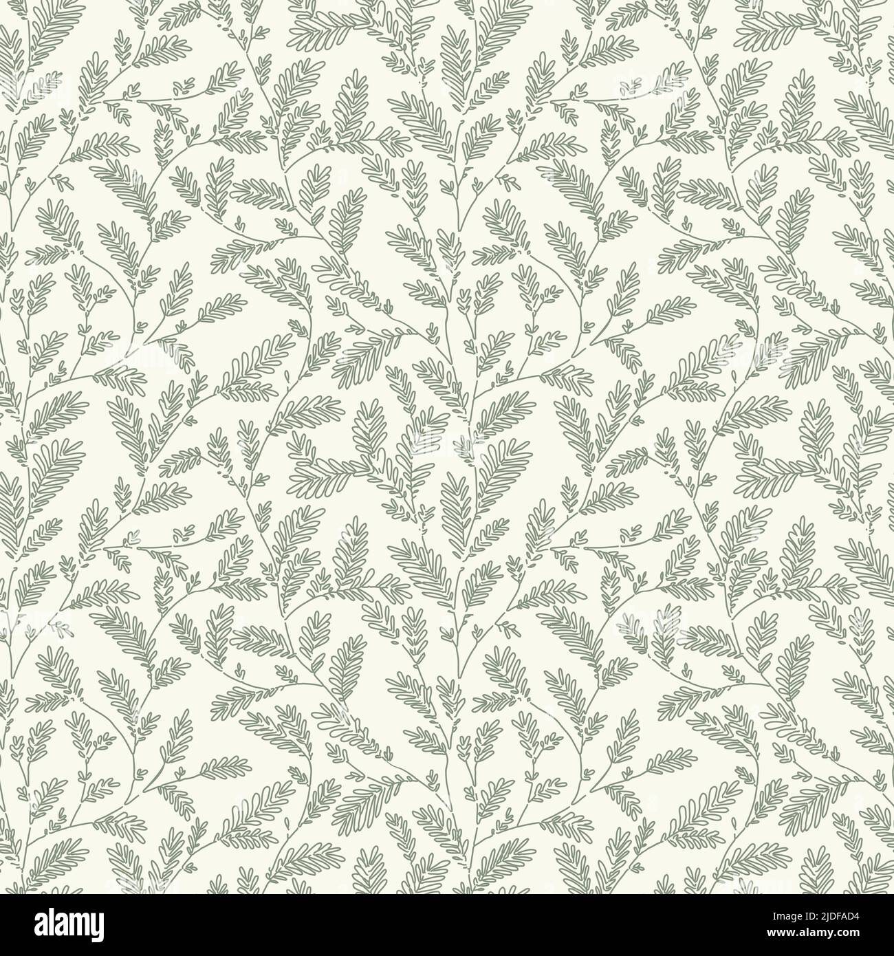 Motif feuille et branche de couleur vert de sauge vectorisé sans couture sur fond beige. Papier peint floral botanique dessiné à la main. Illustration de Vecteur