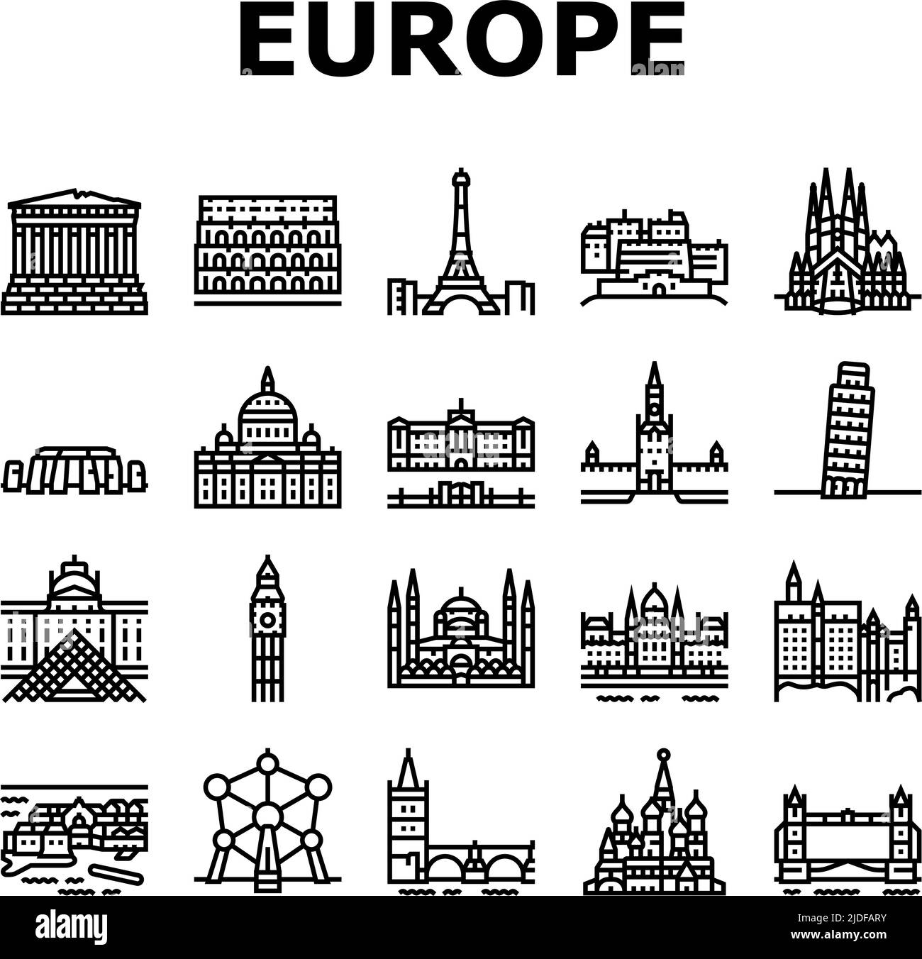 Europe Monument Construction Icons Set Vector Illustration de Vecteur