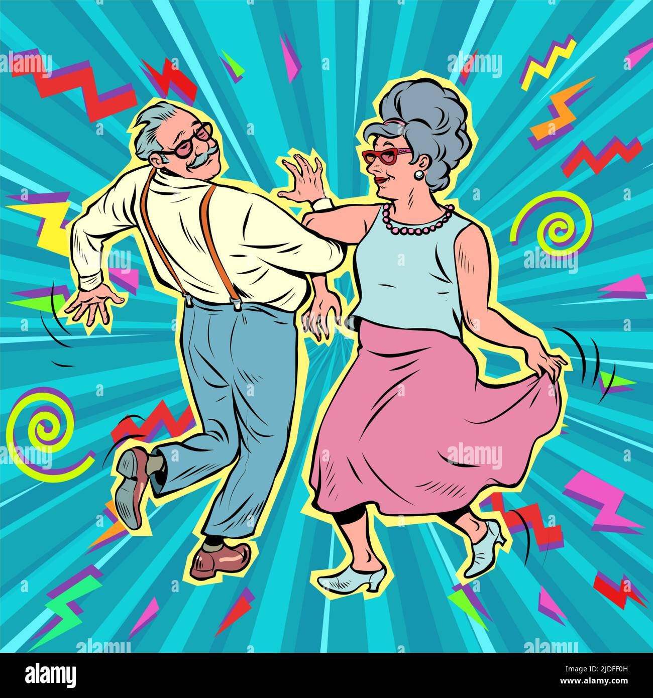 Vieux couple homme et vieille femme dansant. Pensionnés repos. Style de vie. Musique et art. Pop art rétro vecteur illustration kitsch vintage 50s 60s styl Illustration de Vecteur