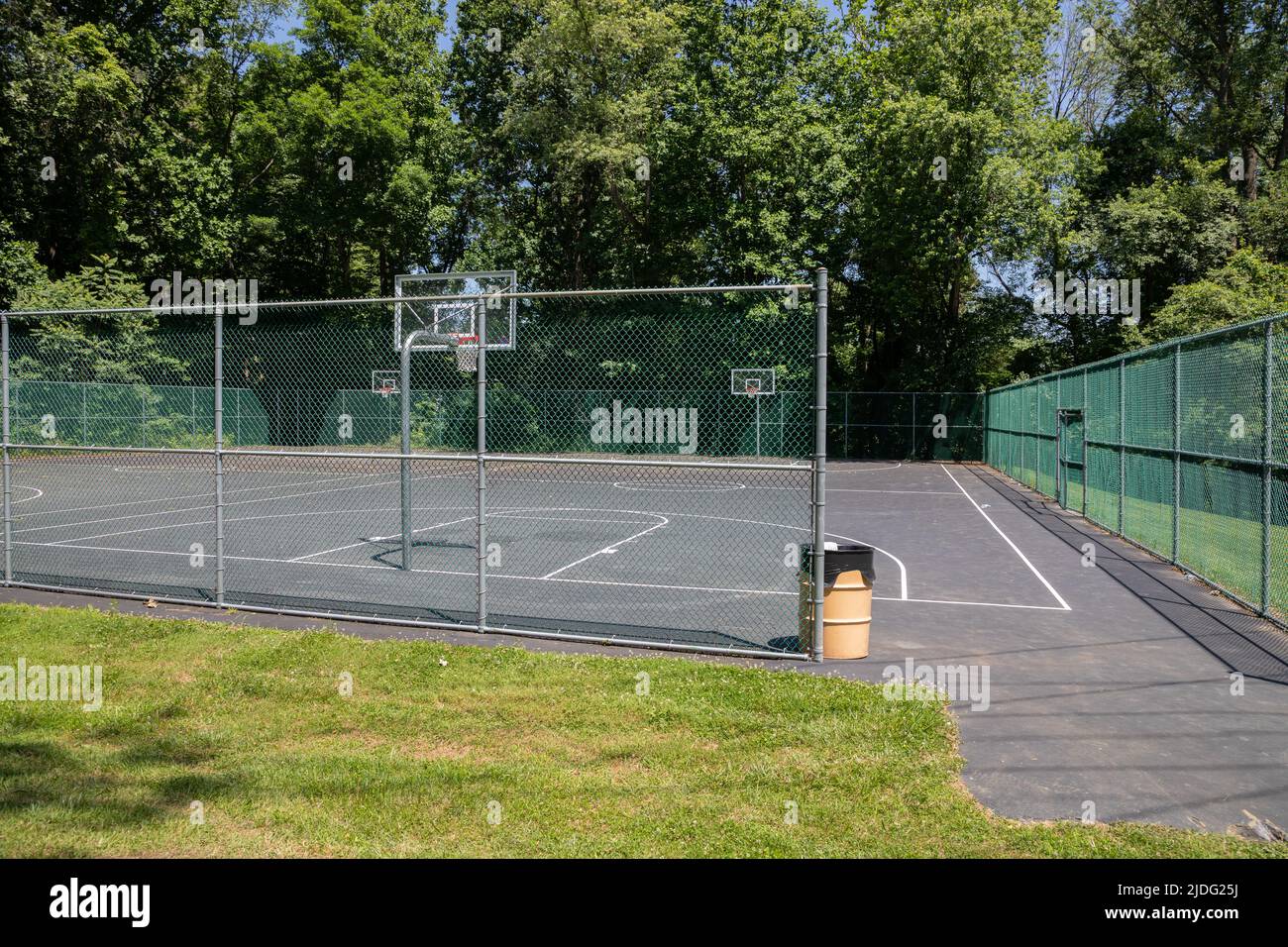 Ancien terrain de basket-ball entouré de luxuriants bois d'été Banque D'Images