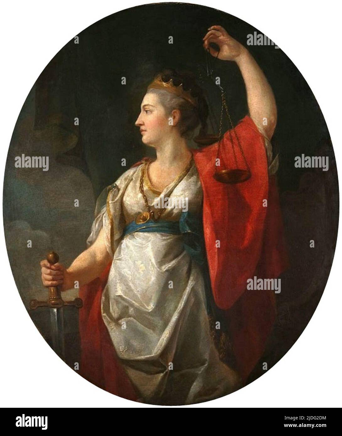 Peinture du Titan Themis avec des écailles et une épée de Marcello Bacciarelli. Elle était la déesse de la loi divine (c'est-à-dire le droit moral et éthique et le mal). Dans la mythologie grecque, les titans ont été le premier panthéon des dieux avant d'être renversés par les Olympiens, dirigés par le fils de Cronos Zeus. Banque D'Images