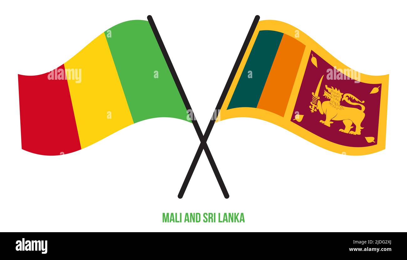 Mali et Sri Lanka drapeaux croisés et ondulant le style plat. Proportion officielle. Corriger les couleurs. Banque D'Images