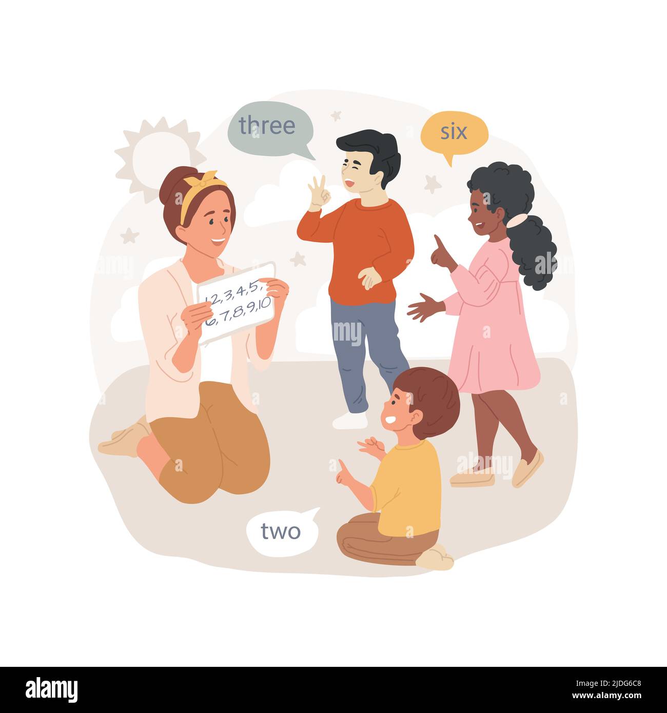 Comptant jusqu'à dix illustrations vectorielles de dessin animé isolées. Technique de calmant, traitement de l'anxiété, méthode de relaxation, enfants autistes, garderie, dessin animé vecteur de réadaptation et de garde d'enfants. Illustration de Vecteur