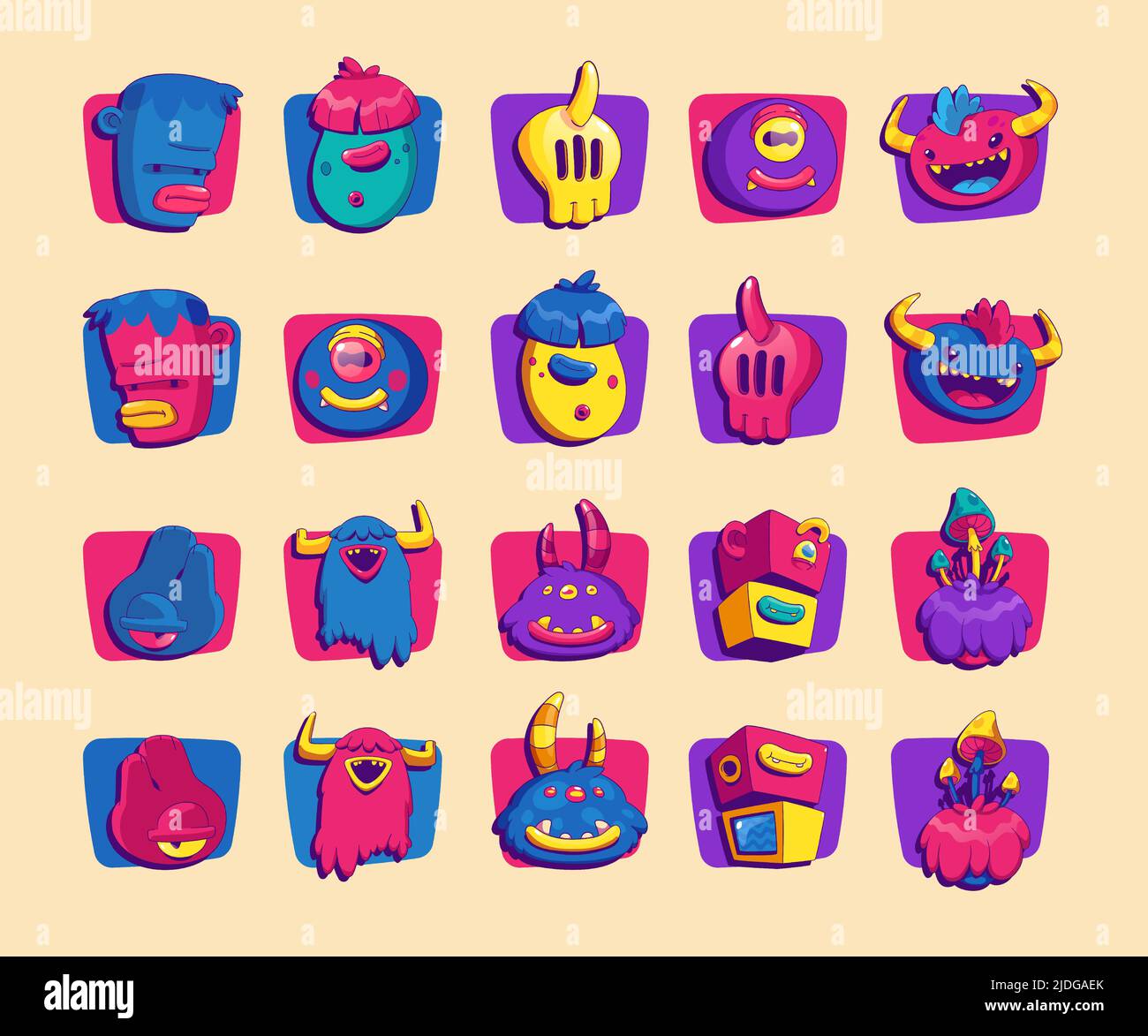 Avatars contemporains avec créatures comiques drôles dans des cadres carrés. Ensemble vectoriel d'animaux de fourrure extraterrestres avec dents, cornes, champignons et pyramide sur la tête dans un style d'art tendance Illustration de Vecteur