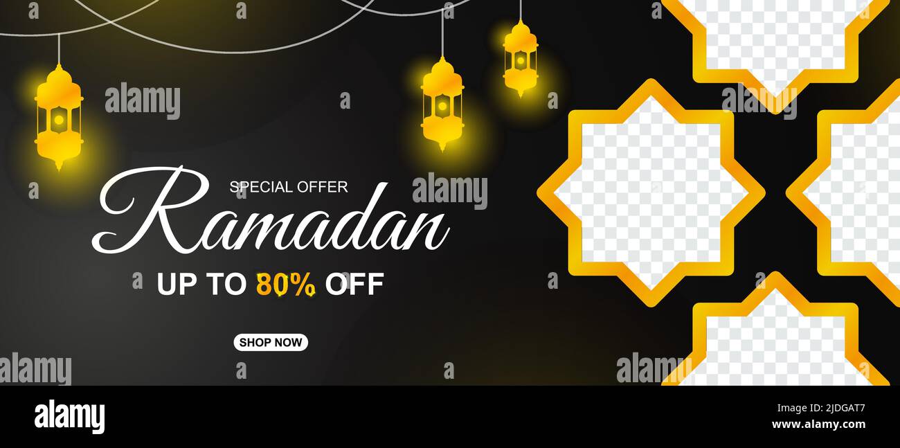 Offre spéciale Ramadan Vente modèle de bannière de lanterne décorative islamique.Convient pour la publication sur les réseaux sociaux et l'en-tête Web. Illustration vectorielle Illustration de Vecteur