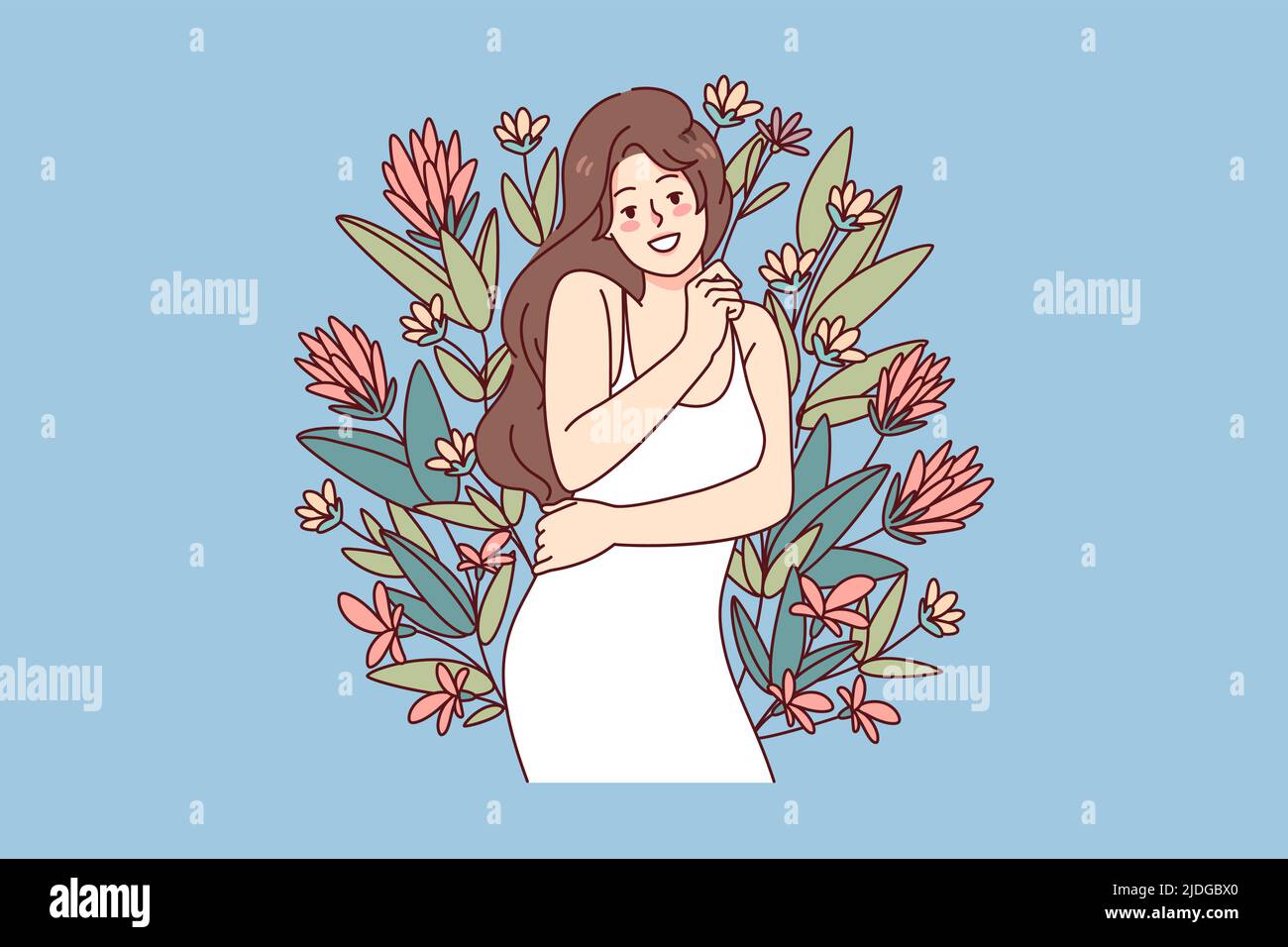 Une femme heureuse s'embrassant entourée de fleurs. Fille souriante se sentant confiante et optimiste. Corps positif et amour de soi concept. Illustration vectorielle. Illustration de Vecteur