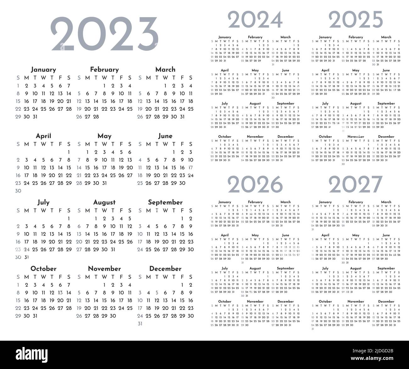 Ensemble de modèles de calendrier mensuel monochrome pour 2023, 2024, 2025, 2026, 2027 ans. La semaine commence le dimanche. Calendrier de mise en page dans un style minimaliste Illustration de Vecteur