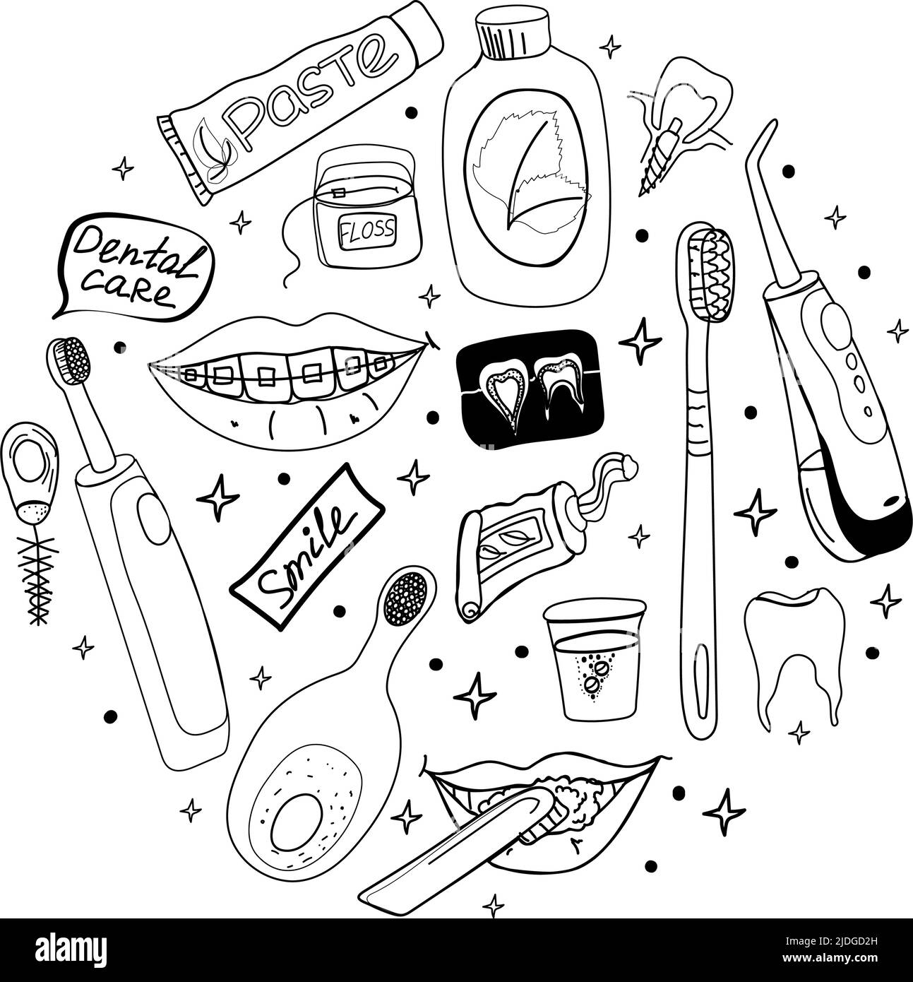 Modèle de produits d'hygiène, éléments de dentine dessinés à la main. Outils et produits pour l'hygiène bucco-dentaire. Dentifrices, brosses à dents, brosses à dents et smiley faces W Illustration de Vecteur