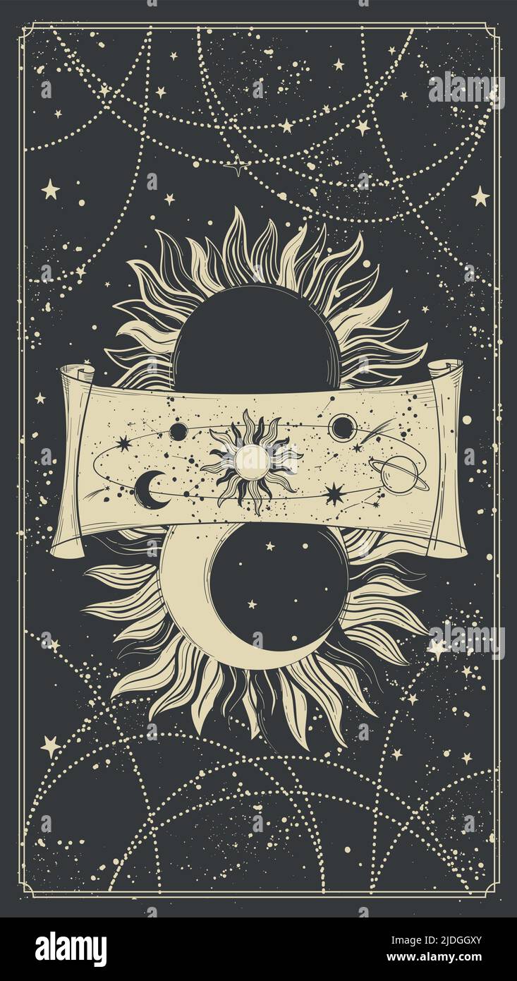 Carte boho vintage avec soleil et lune sur fond noir, fond tarot mystique avec dispositif d'univers. Dessin à la main vectoriel, gravure. Rétro Illustration de Vecteur