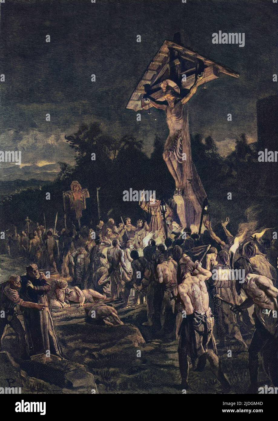 Flagellants dans un procession pentent - Moyen Age : membres du mouvement des Flagelants. Pratique aux 12eme et 13eme siecles. Il s'agit d'une situation de moines (certaines ne l'ont pas) qui peut être fautive pour les noix de Saint par la flagellation. Il a futé rapidememt condamne par l'Eglise. Gravure Banque D'Images