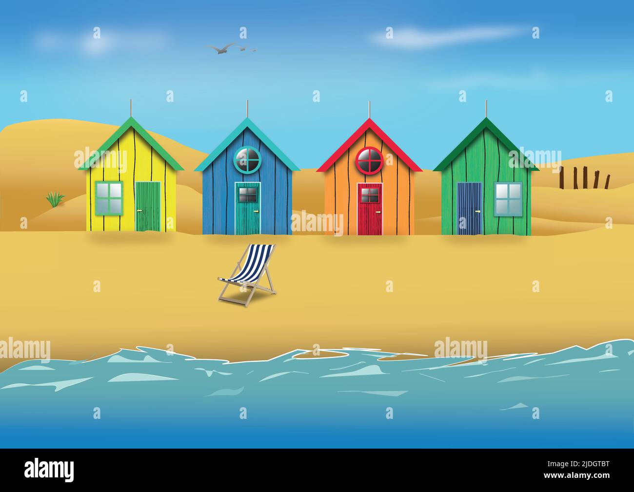 Des cabanes de plage sur une plage de sable avec des dunes de sable en arrière-plan, une chaise longue vide sur la plage en premier plan et des oiseaux qui volent au-dessus de la tête Illustration de Vecteur