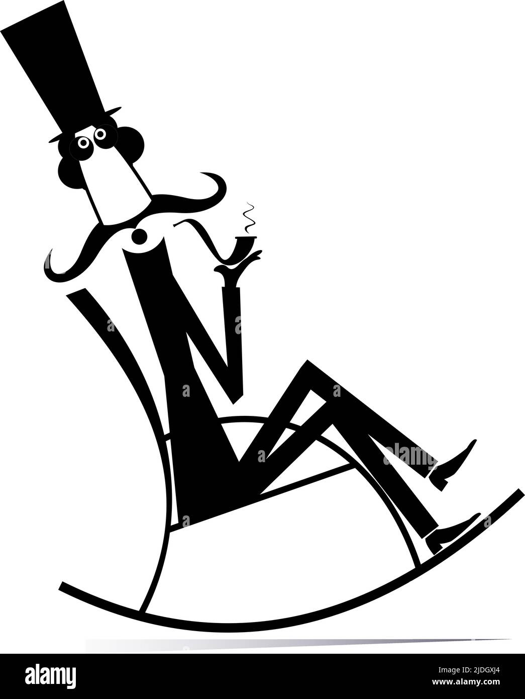 L'homme repose dans la chaise à bascule avec le tuyau. Moustache homme dans le chapeau de dessus s'assoit dans la chaise à bascule et fume un tuyau. Noir et blanc Illustration de Vecteur