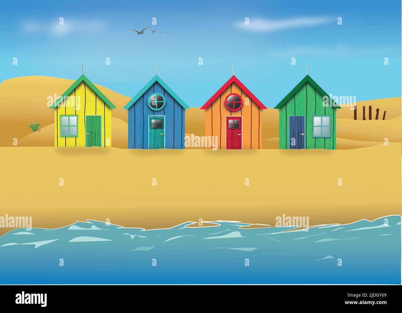 Des cabanes de plage sur une plage de sable avec des dunes de sable en arrière-plan, et des oiseaux qui volent au-dessus de la tête Illustration de Vecteur