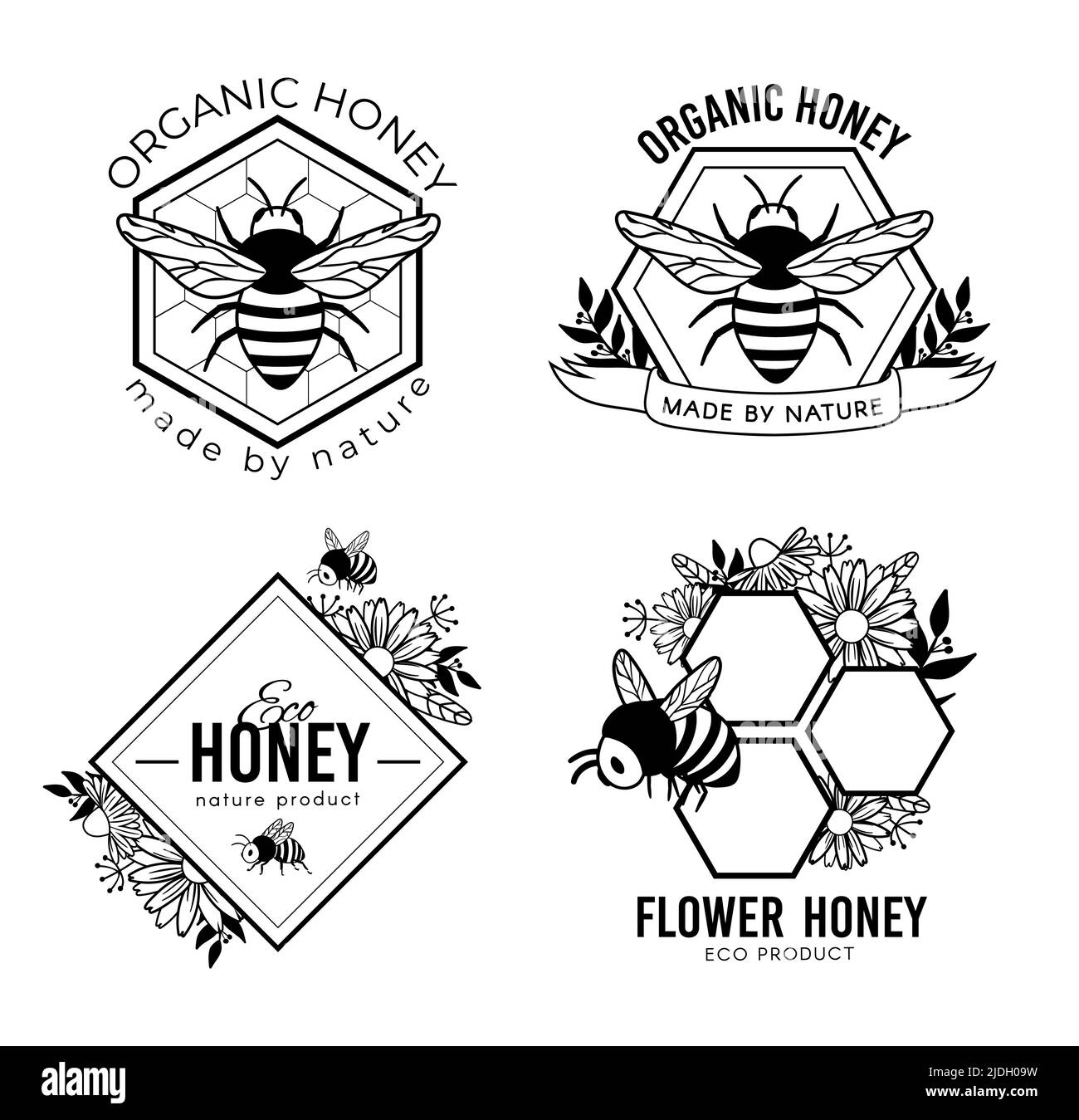 Étiquettes de miel, badges de produits naturels et sucrés Illustration de Vecteur