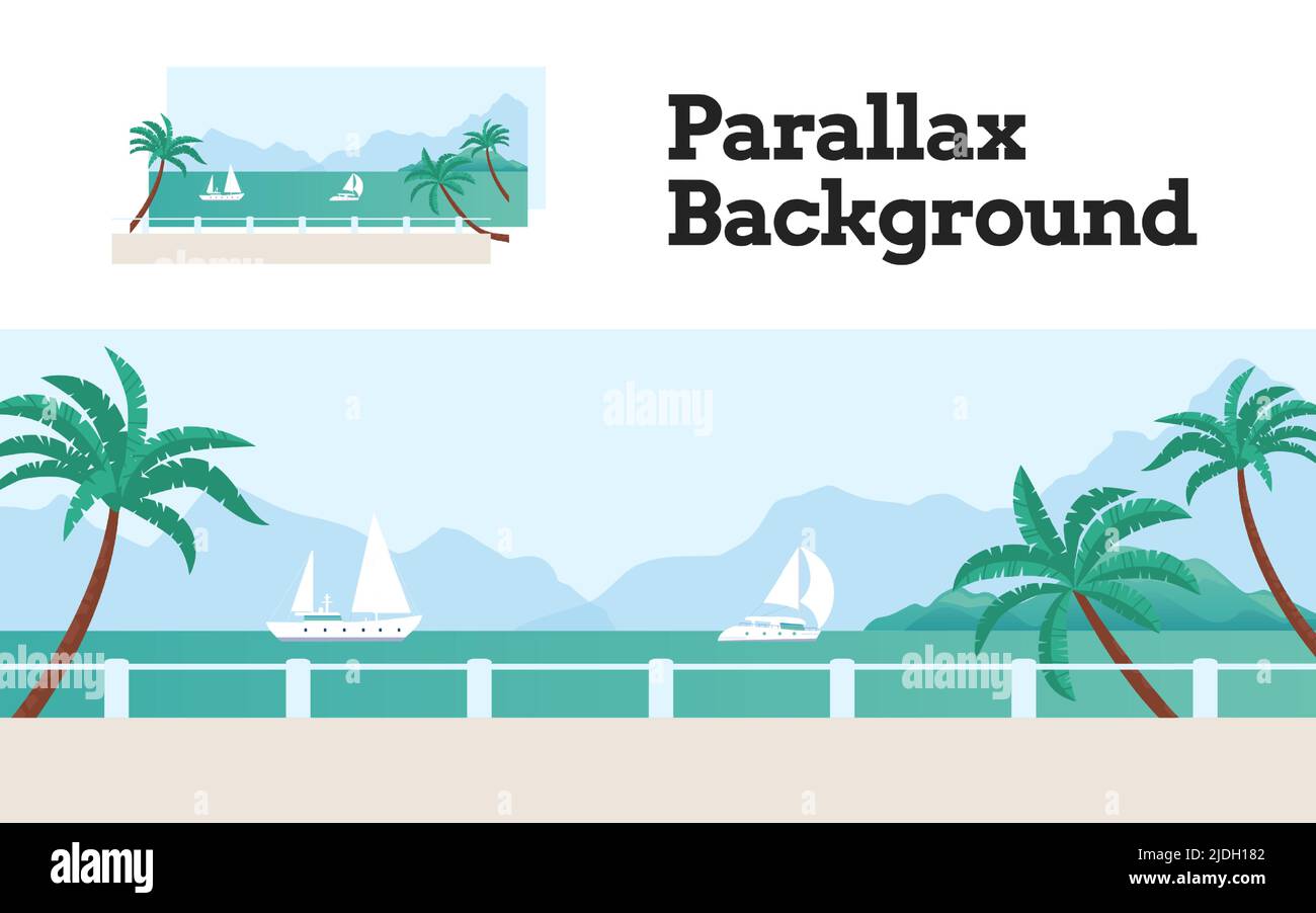 Scène avec effet parallaxe en bord de mer, ligne de côte talus avec palmier Illustration de Vecteur