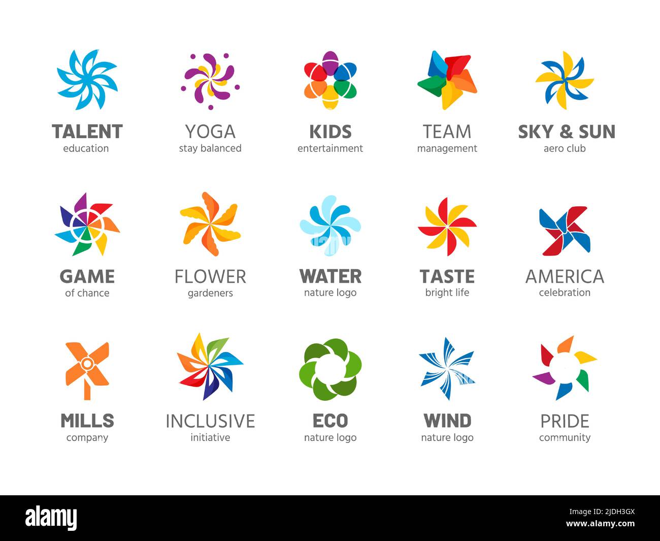 Logo Pinwheel. Résumé couleur arc-en-ciel symbole de tournette d'été, propulsé par vent enfants jouet d'été isolé collection. Logos d'entreprise Vector Illustration de Vecteur