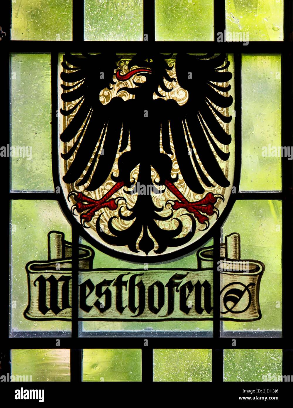 Panneau de verre historique de Westhofen, Allemagne, Rhénanie-du-Nord-Westphalie Banque D'Images