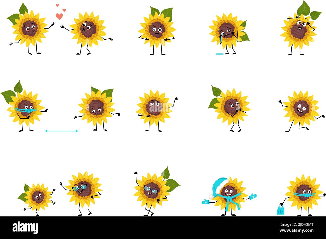 Caractère de tournesol avec des émotions heureuses ou tristes, panique, visage affectueux ou courageux, mains et jambes. Plante la personne avec un masque, des lunettes ou un chapeau. Illustration vectorielle plate Illustration de Vecteur