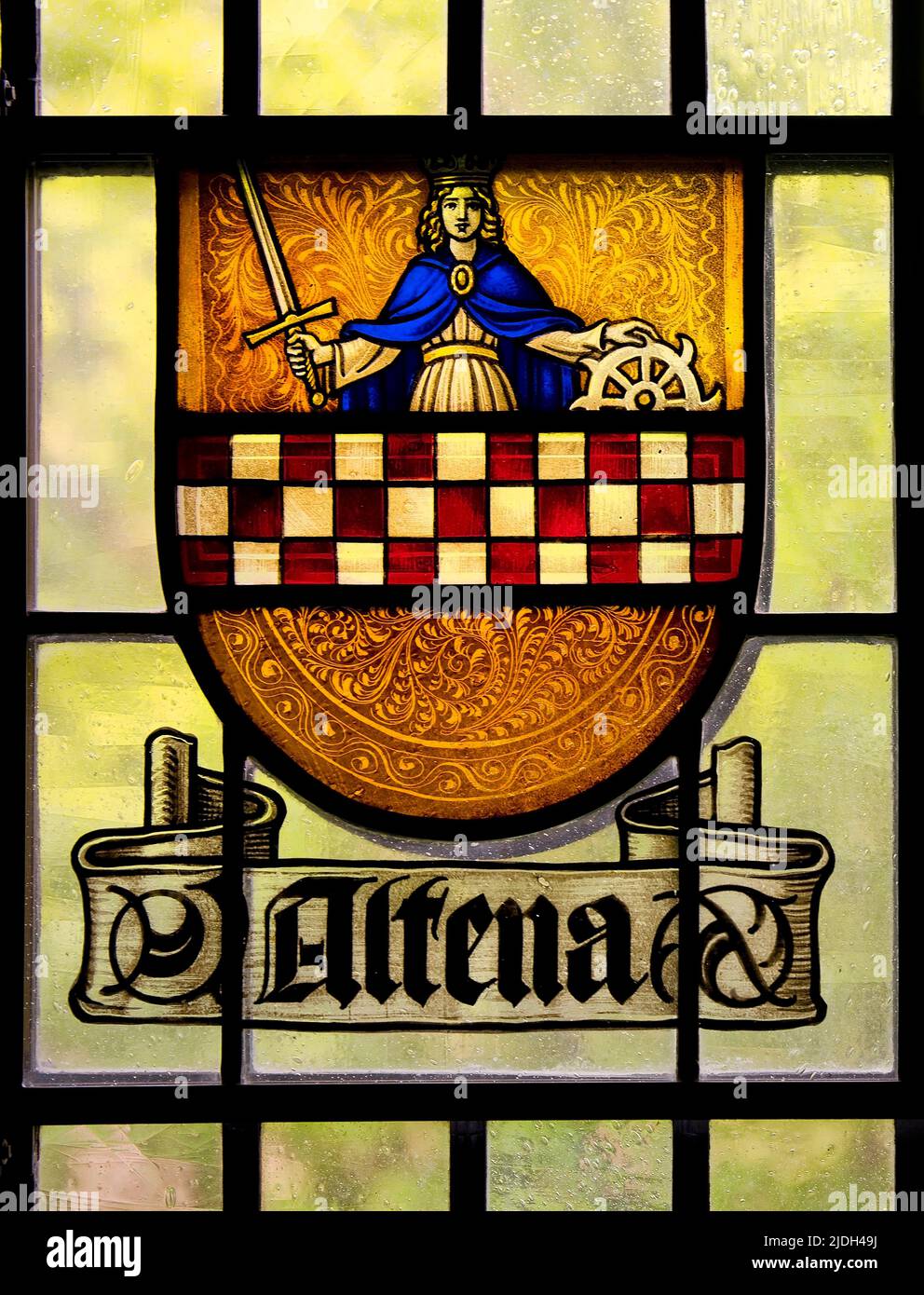 Panneau de verre historique d'Altena, Allemagne, Rhénanie-du-Nord-Westphalie, Altena Banque D'Images