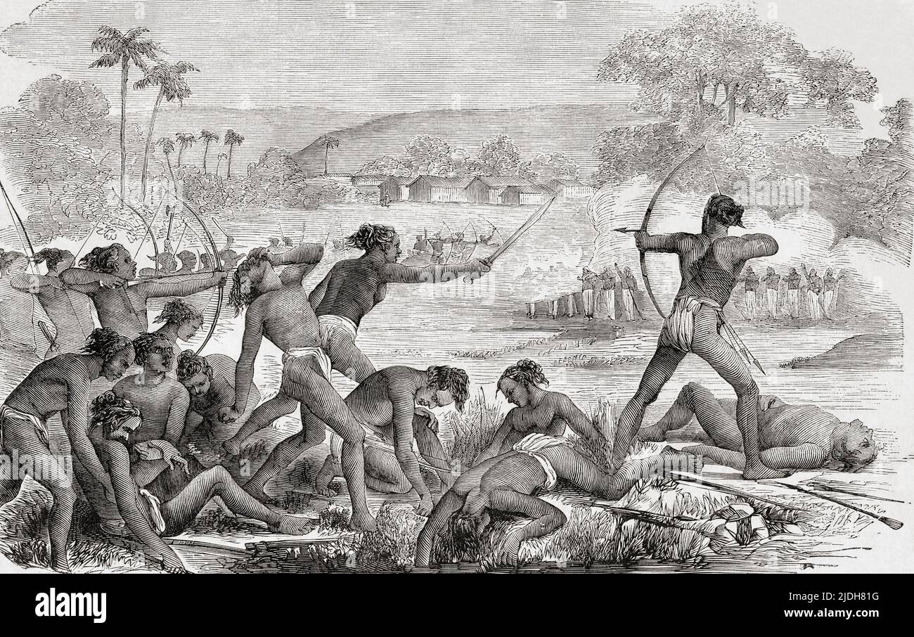 Combat entre Sepoys et Santals lors de la rébellion de Santhal, c'est-à-dire la rébellion de Sonthal ou le Santhal Hool dans l'actuel Jharkhand, dans l'est de l'Inde, 1855, une réaction visant à mettre fin au système de revenu de la British East India Company (BEIC), et le système zamindari en Inde. De l'Univers illustrae, publié Paris, 1859 Banque D'Images