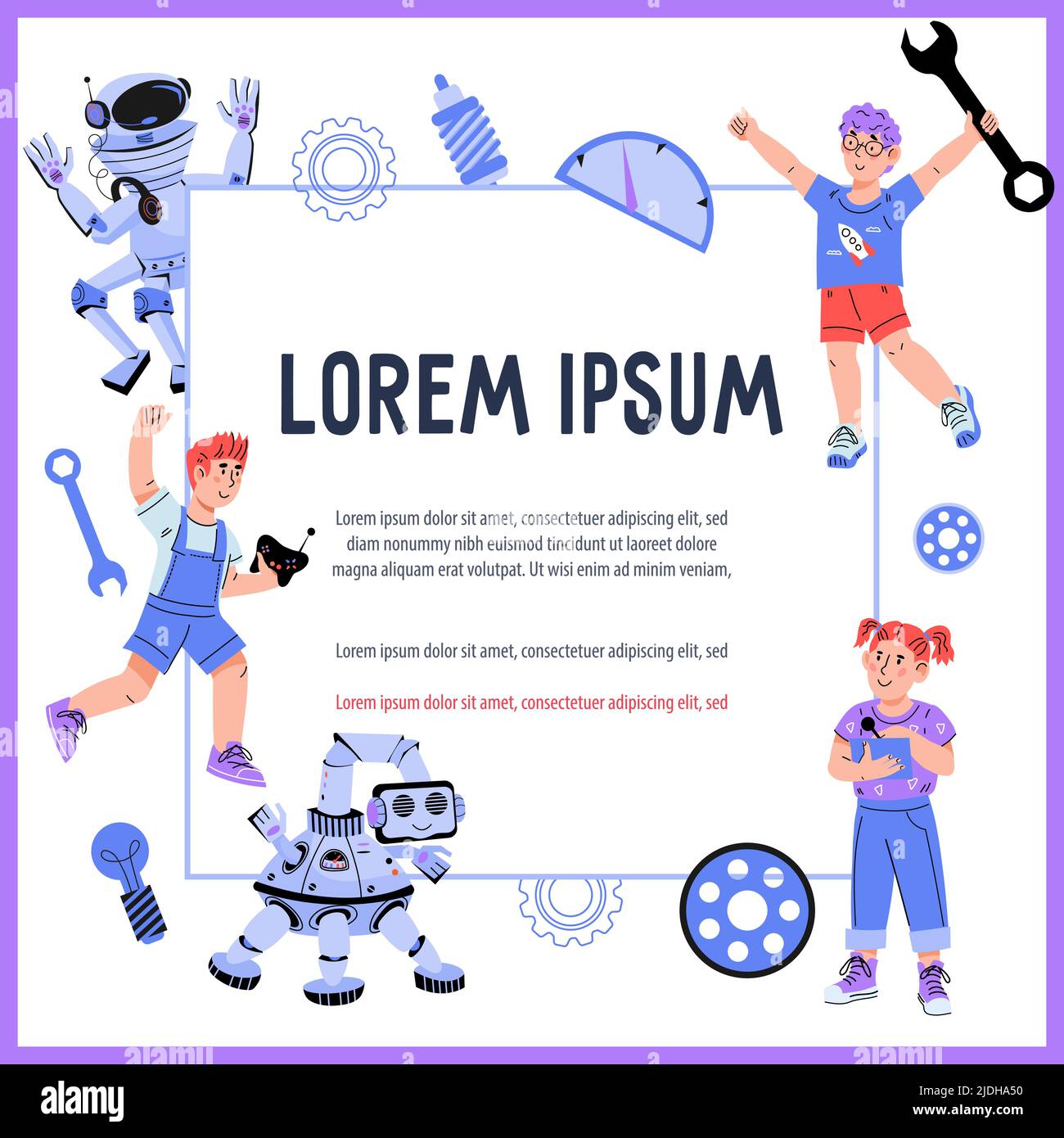 Enfants robotique classes bannière ou maquette d'affiche, illustration vectorielle plate. Robotique et ingénierie, éducation à la programmation pour les enfants. Illustration de Vecteur