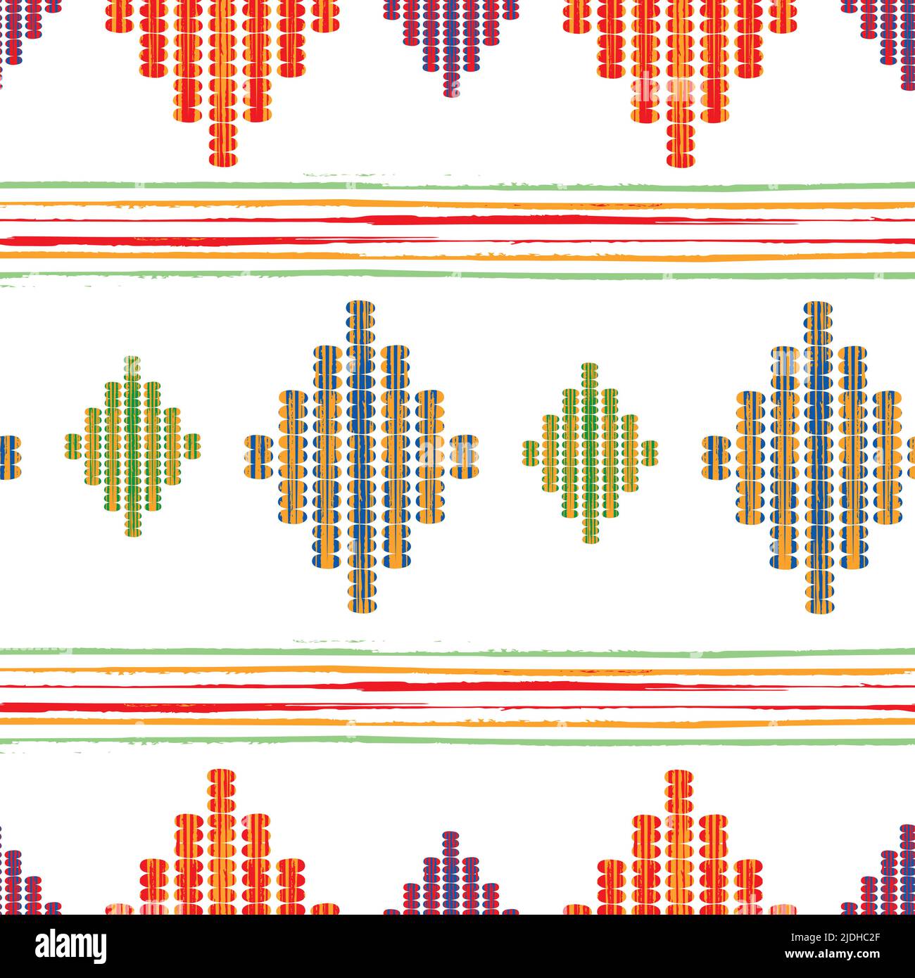 Effet couture Ikat et motif à rayures contrastées sans coutures. Dessin à la main, motif texturé, formes en losange, arrière-plan. toile de fond rhombus. L’art populaire Illustration de Vecteur