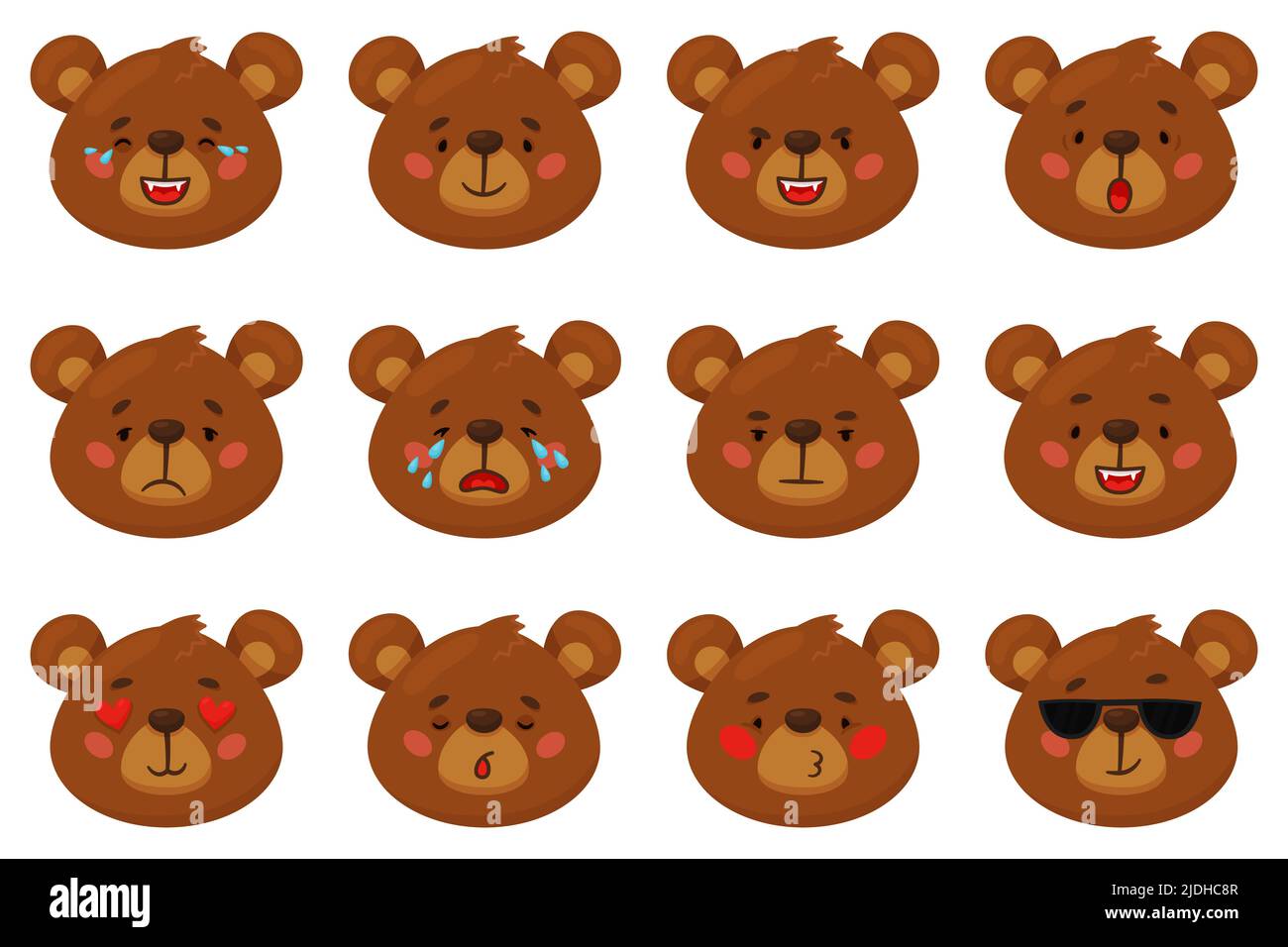Bande dessinée ours emoji. Émotions animales amusantes, visages grizzlis bruns, différentes humeurs, expressions de la tête, mammifère forestier de wilde, sourire et pleurer, en colère et Illustration de Vecteur