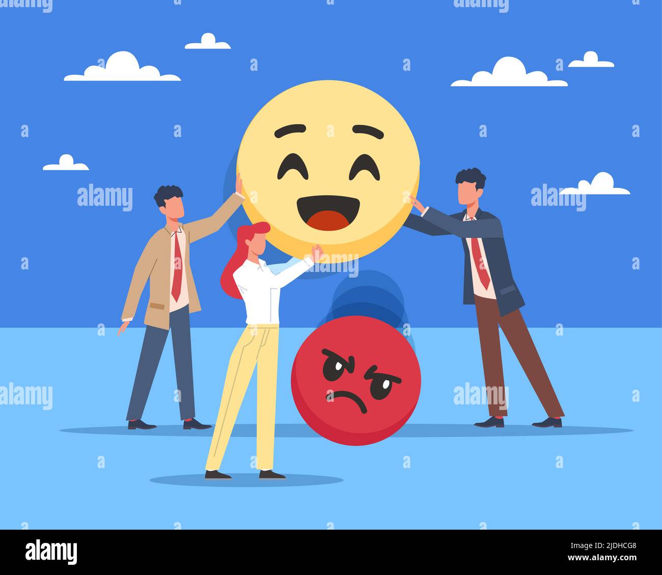 Positivité des choix. Signification symbolique, expression de l'humeur, émotion heureuse et triste, personnes qui pensent positif, changement de comportement d'équipe. Concept de santé mentale Illustration de Vecteur